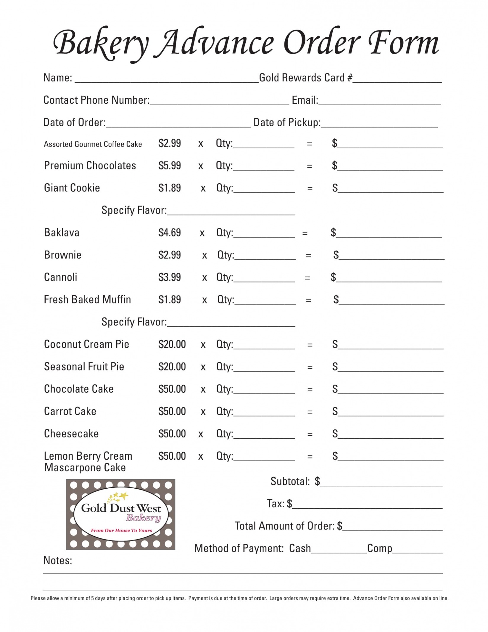 Printable Bakery Order Forms Template Word