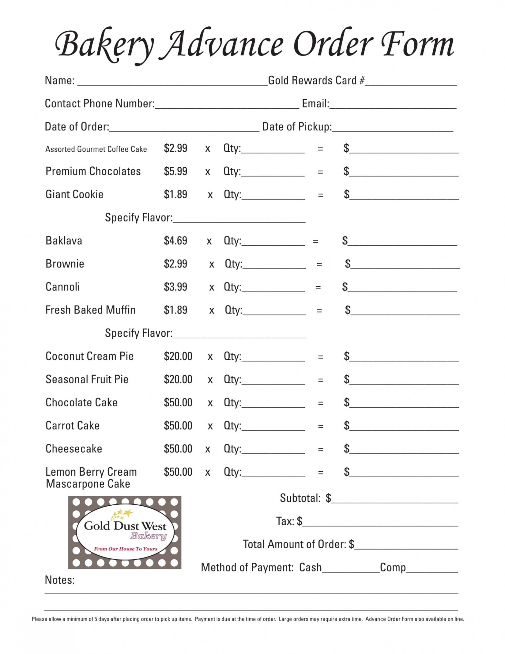 Printable Bakery Order Forms Template Word Printable Bakery Order Forms Template Word