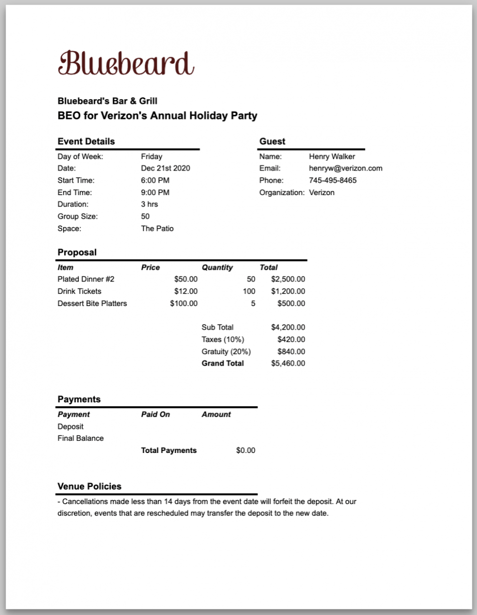 Editable Banquet Event Order Template Excel