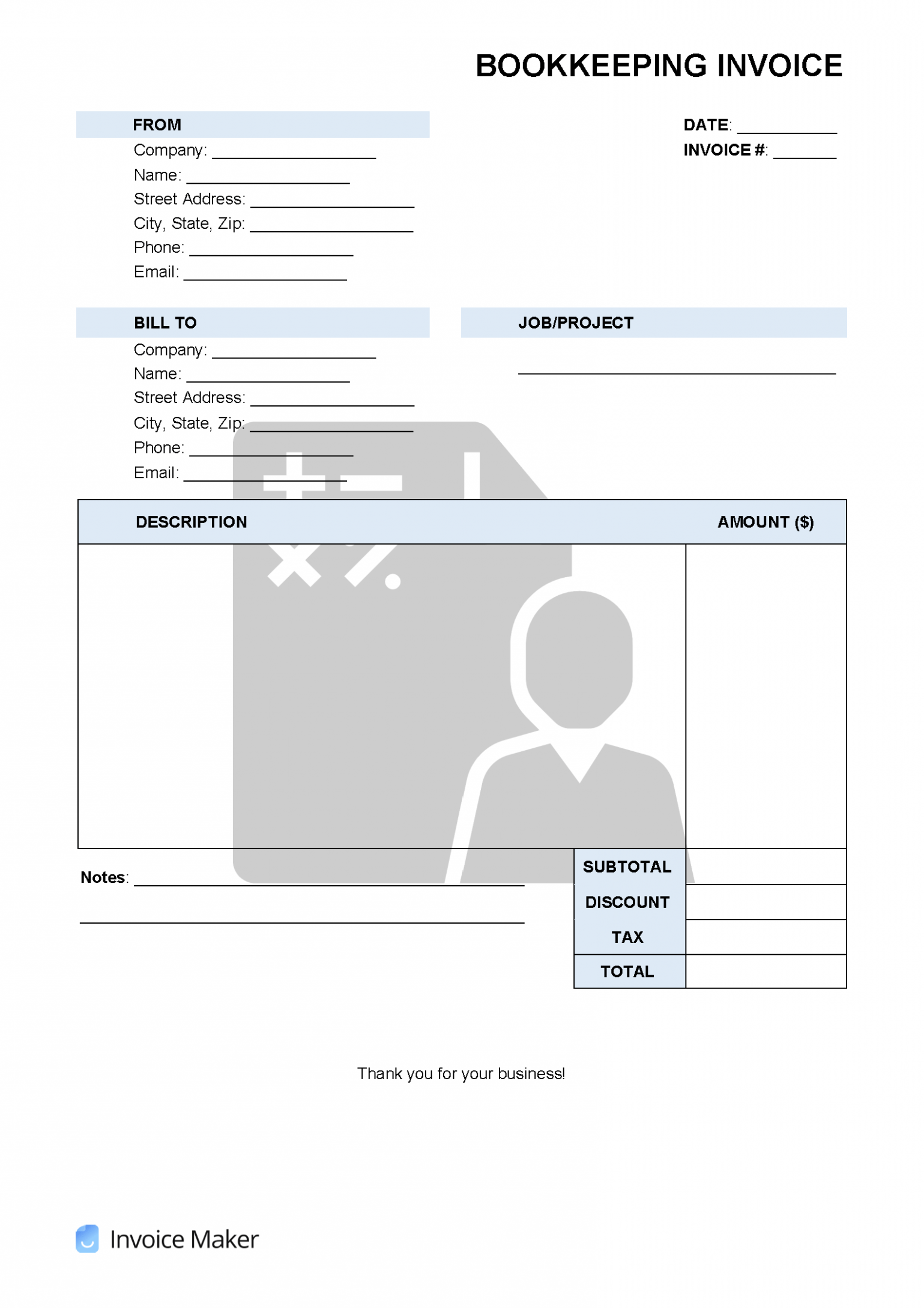 Printable Bookkeeper Invoice Template Sample