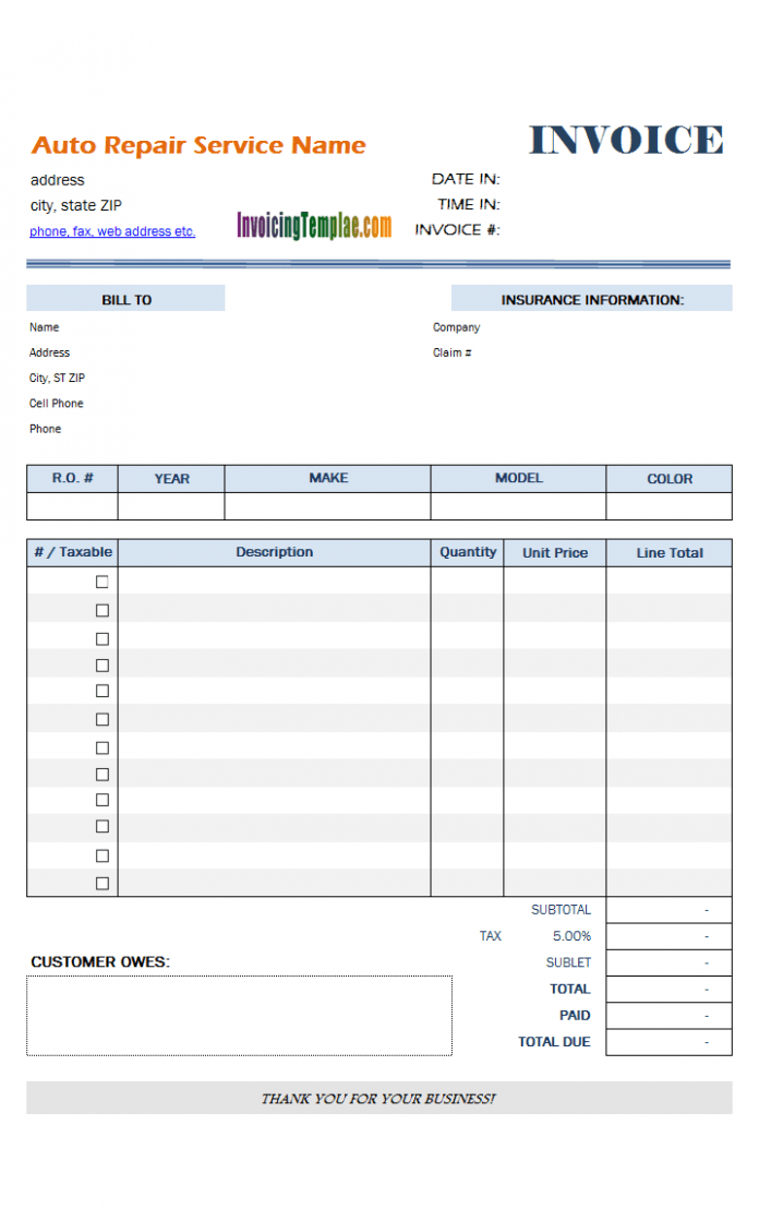 Editable Car Mechanic Invoice Template Doc