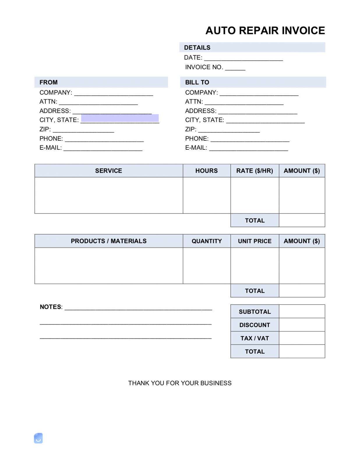 Printable Car Mechanic Invoice Template Sample