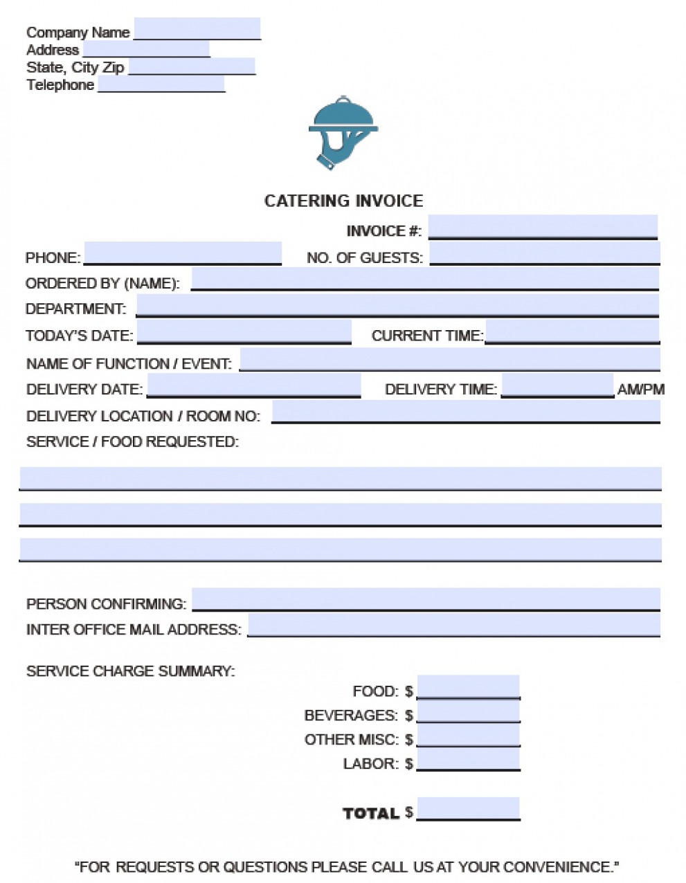 Printable Catering Service Invoice Template Excel