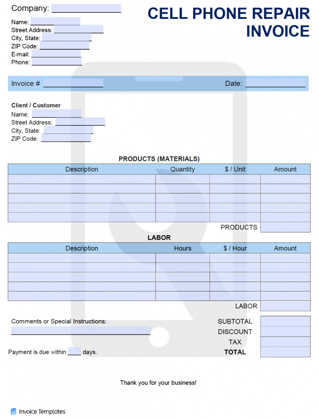 Printable Cell Phone Repair Invoice Template Docs