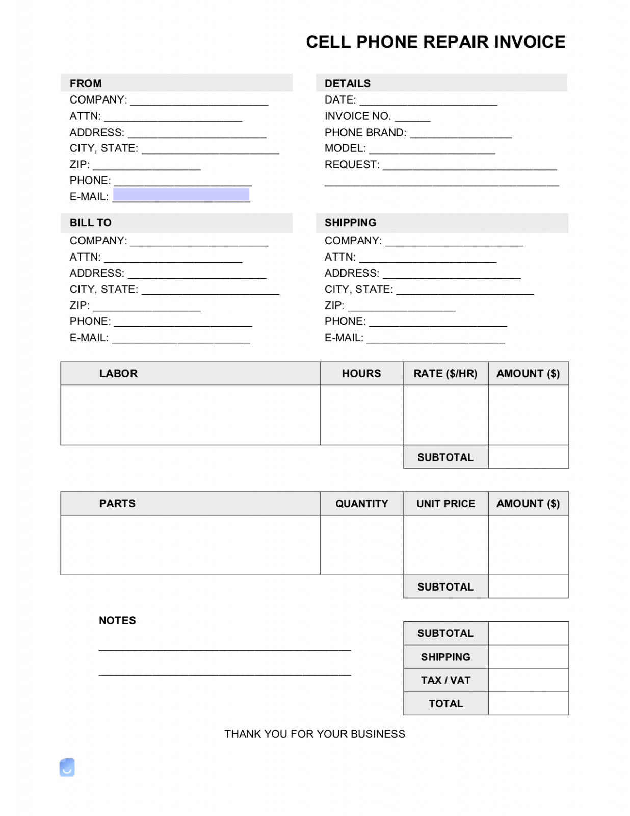 Editable Cell Phone Repair Invoice Template 