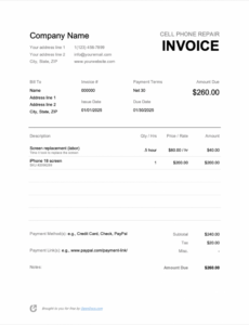 Editable Cell Phone Repair Invoice Template Excel