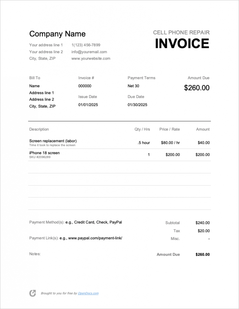 Sample Cell Phone Repair Invoice Template PPT