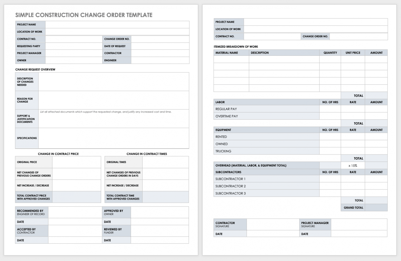 Editable Change Order Forms Template CSV