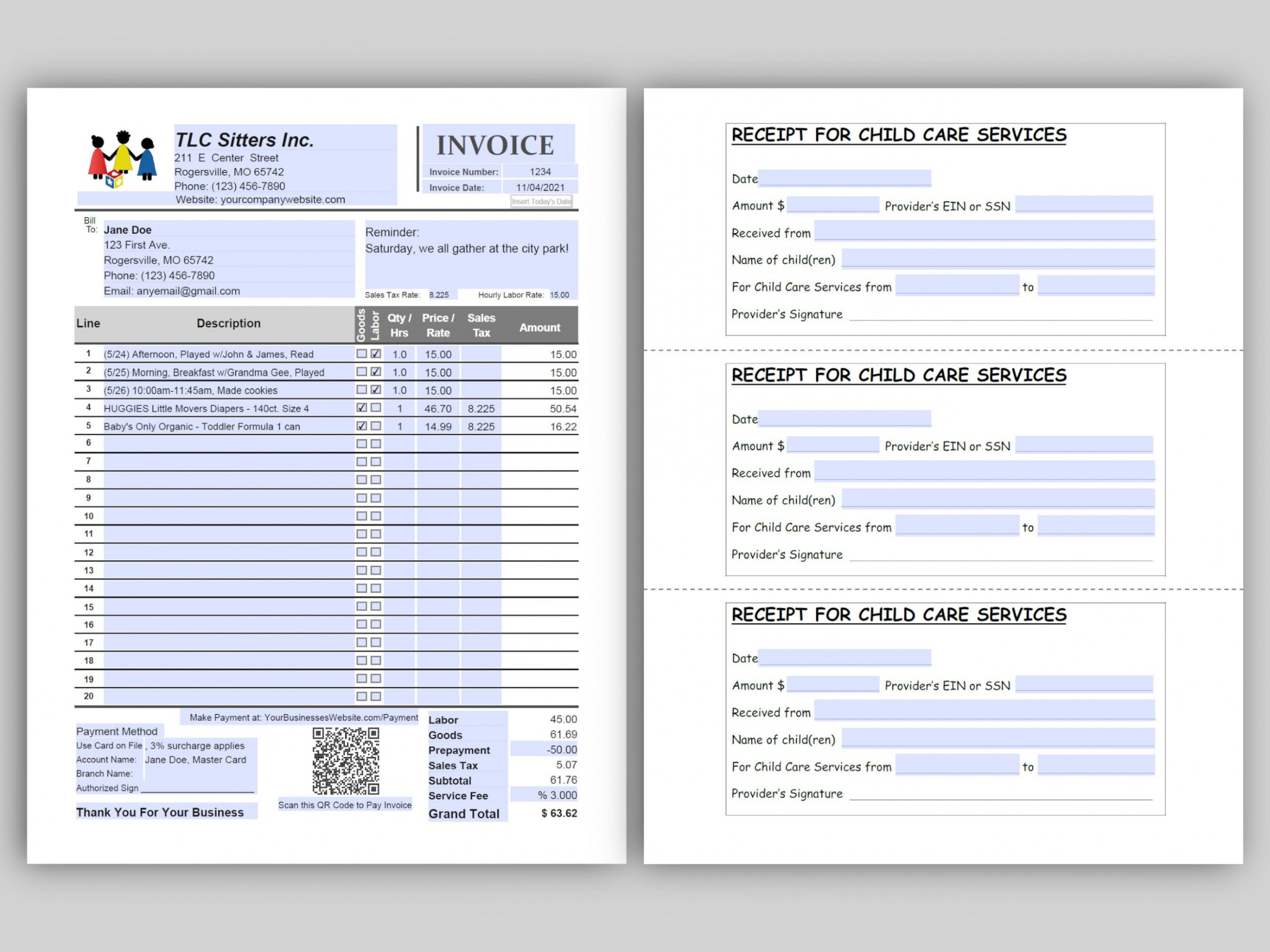 Editable Childminder Invoice Template Docs
