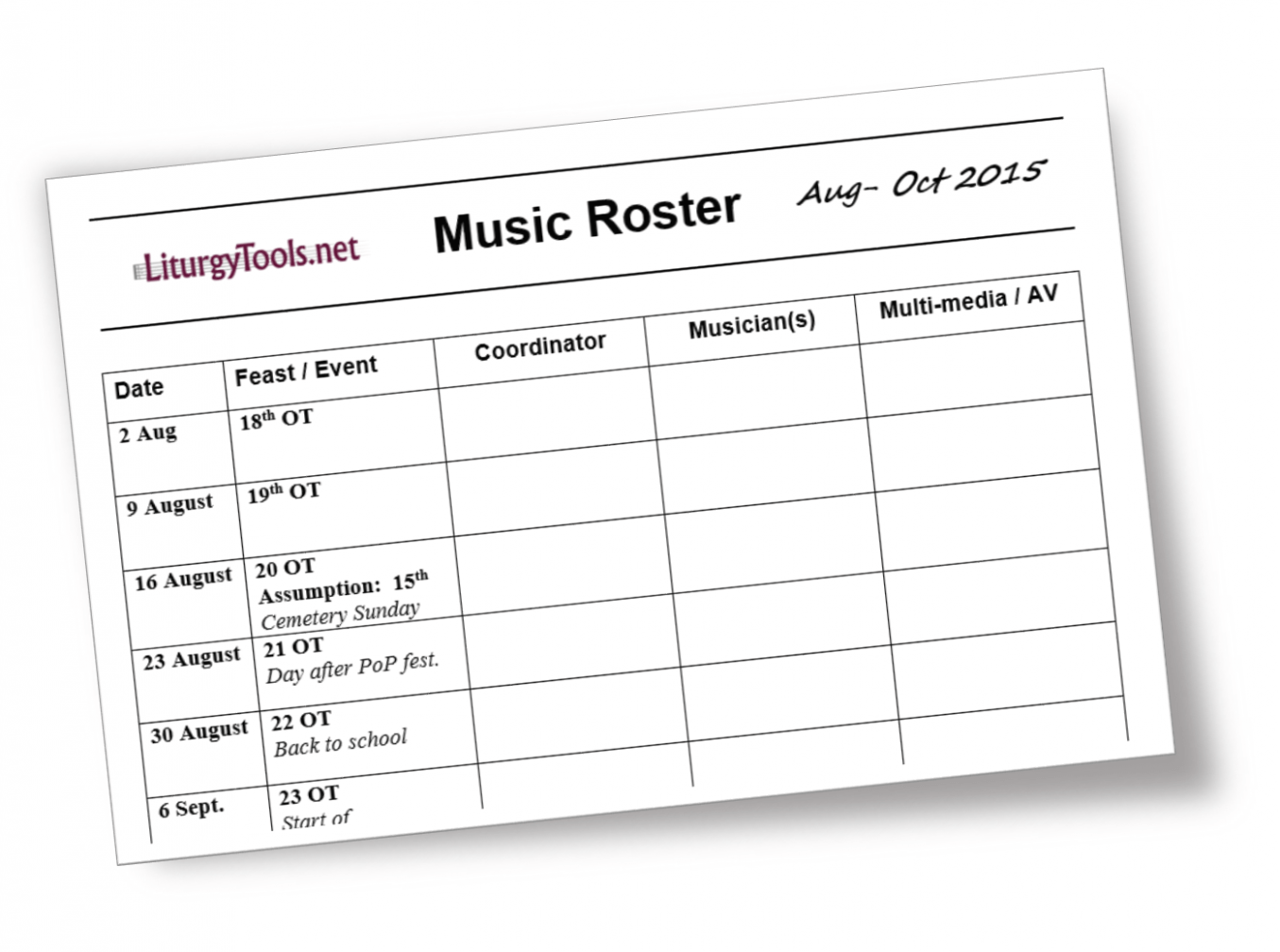  Church Service Schedule Template CSV