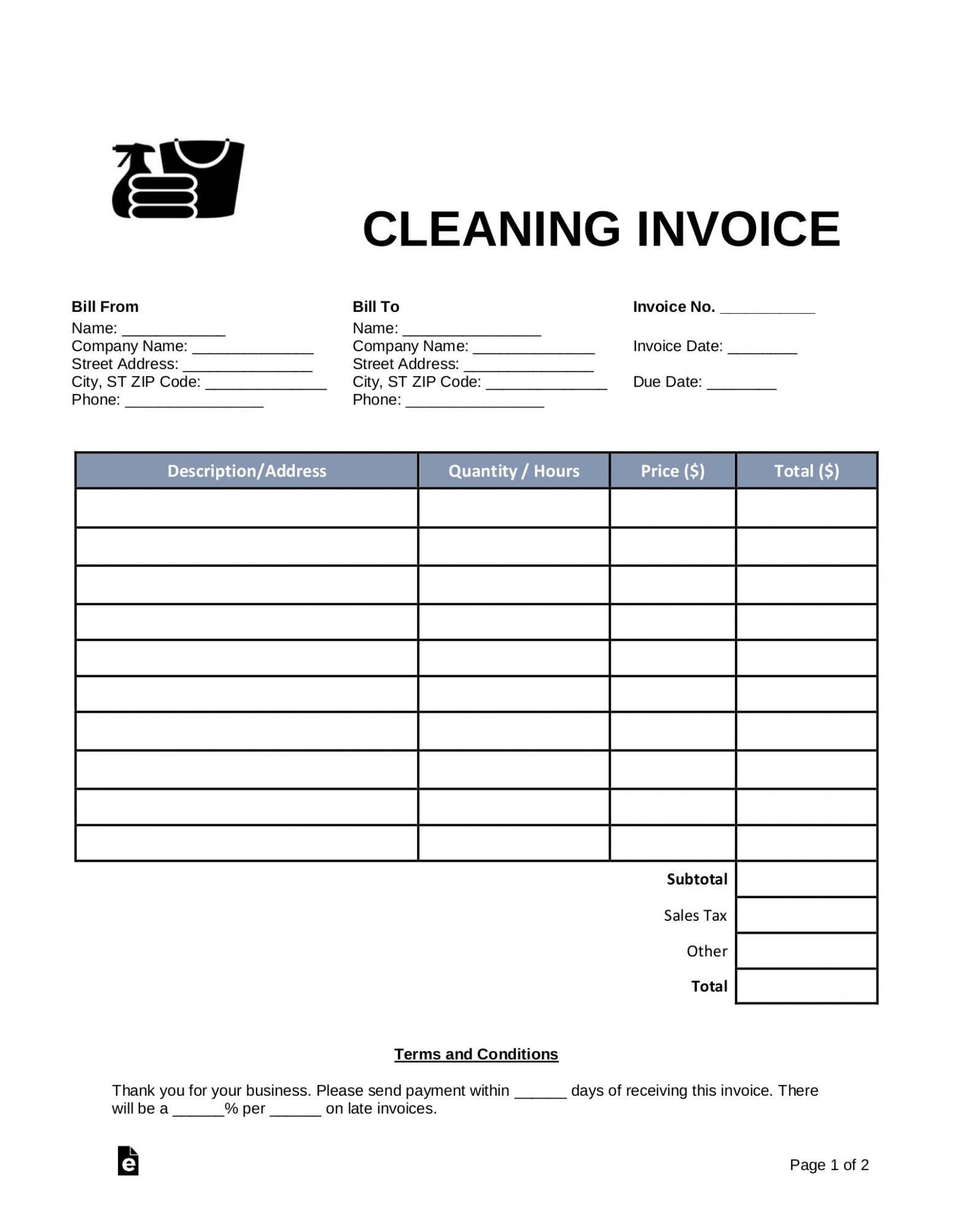 Printable Commercial Cleaning Invoice Template Docs