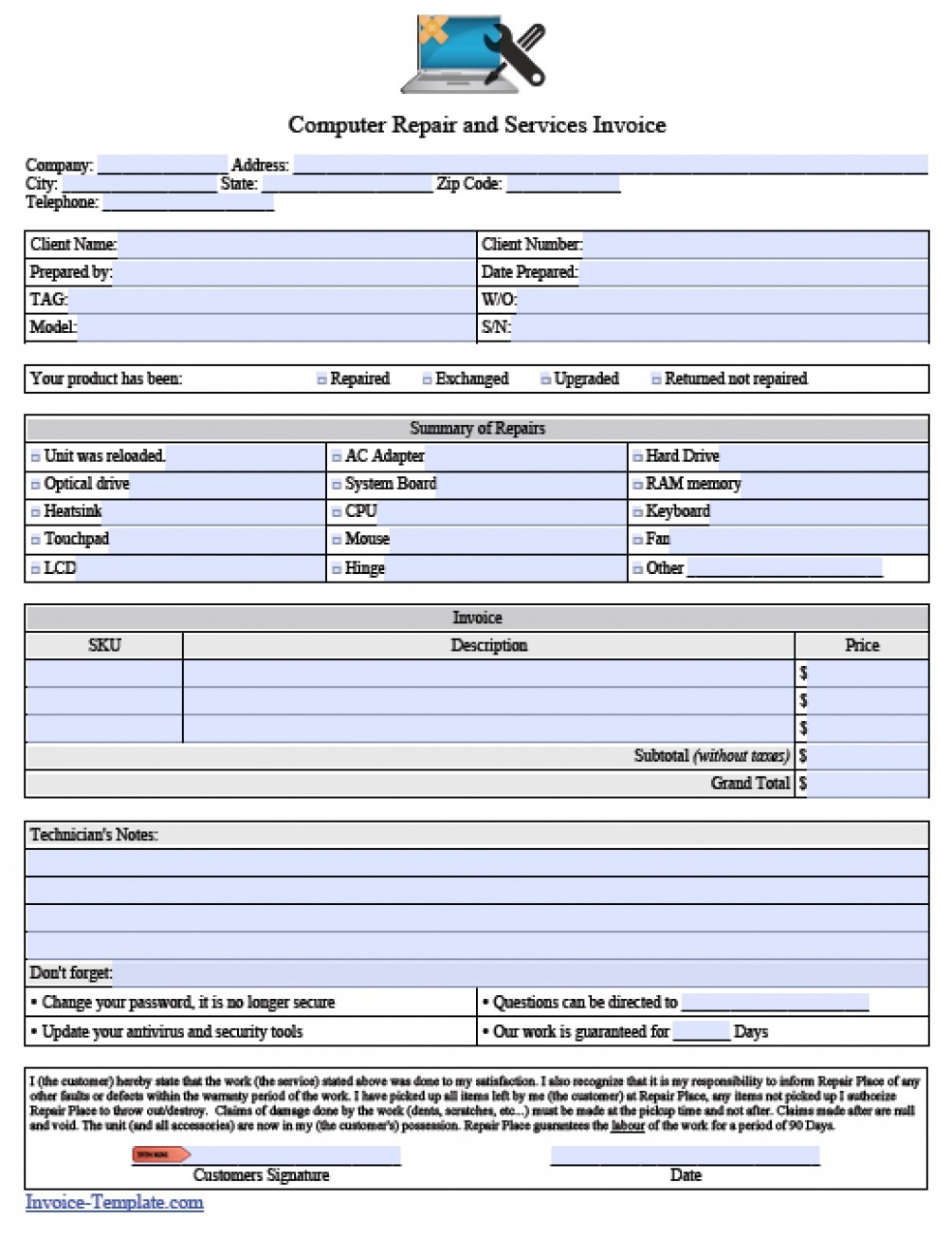 Sample Computer Repair Invoice Template Docs