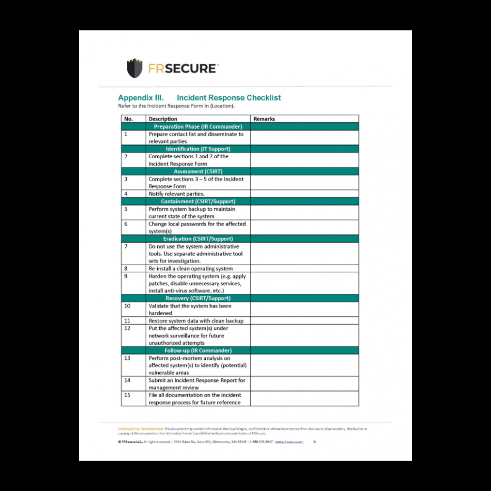 Printable Cyber Incident Response Plan Template CSV