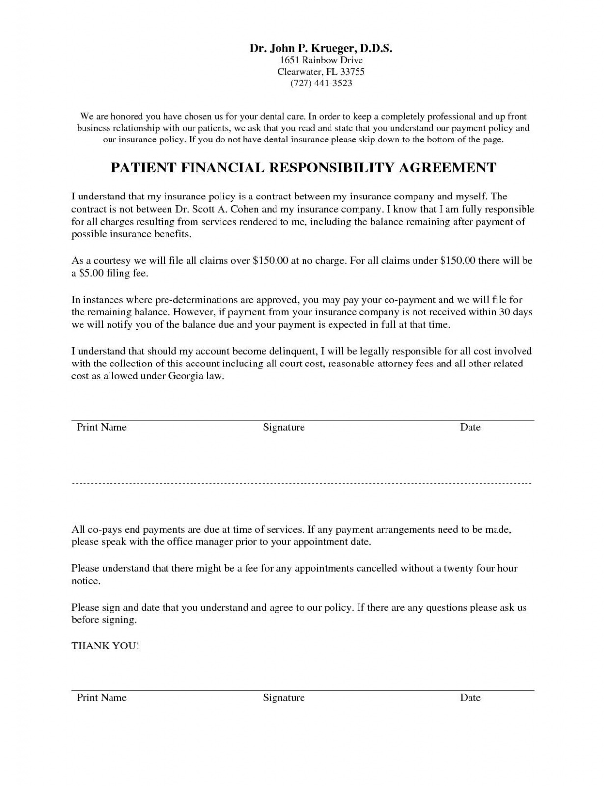 Free Dental Payment Plan Agreement Template PDF