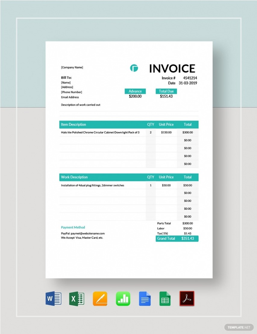 Editable Electrical Contractor Invoice Template 
