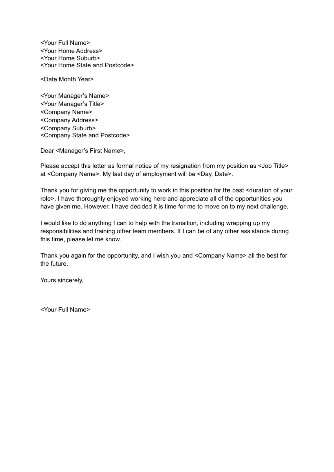 Editable Employee Resignation Letter Template Excel