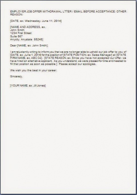 Editable Employer Rescind Offer Letter Template Docs