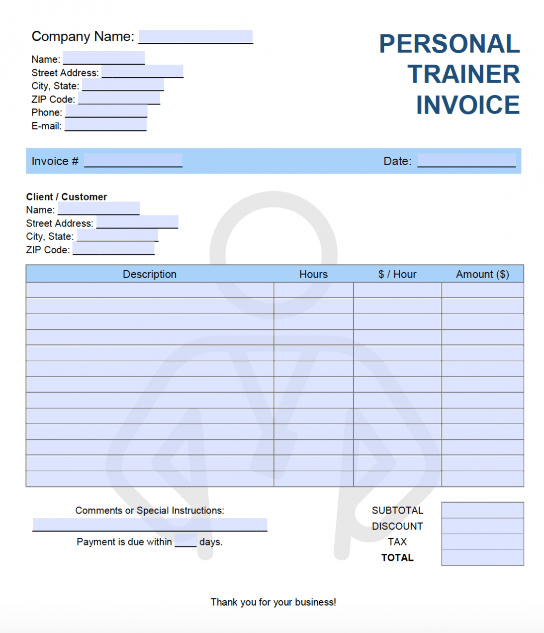 Printable Fitness Instructor Invoice Template Excel