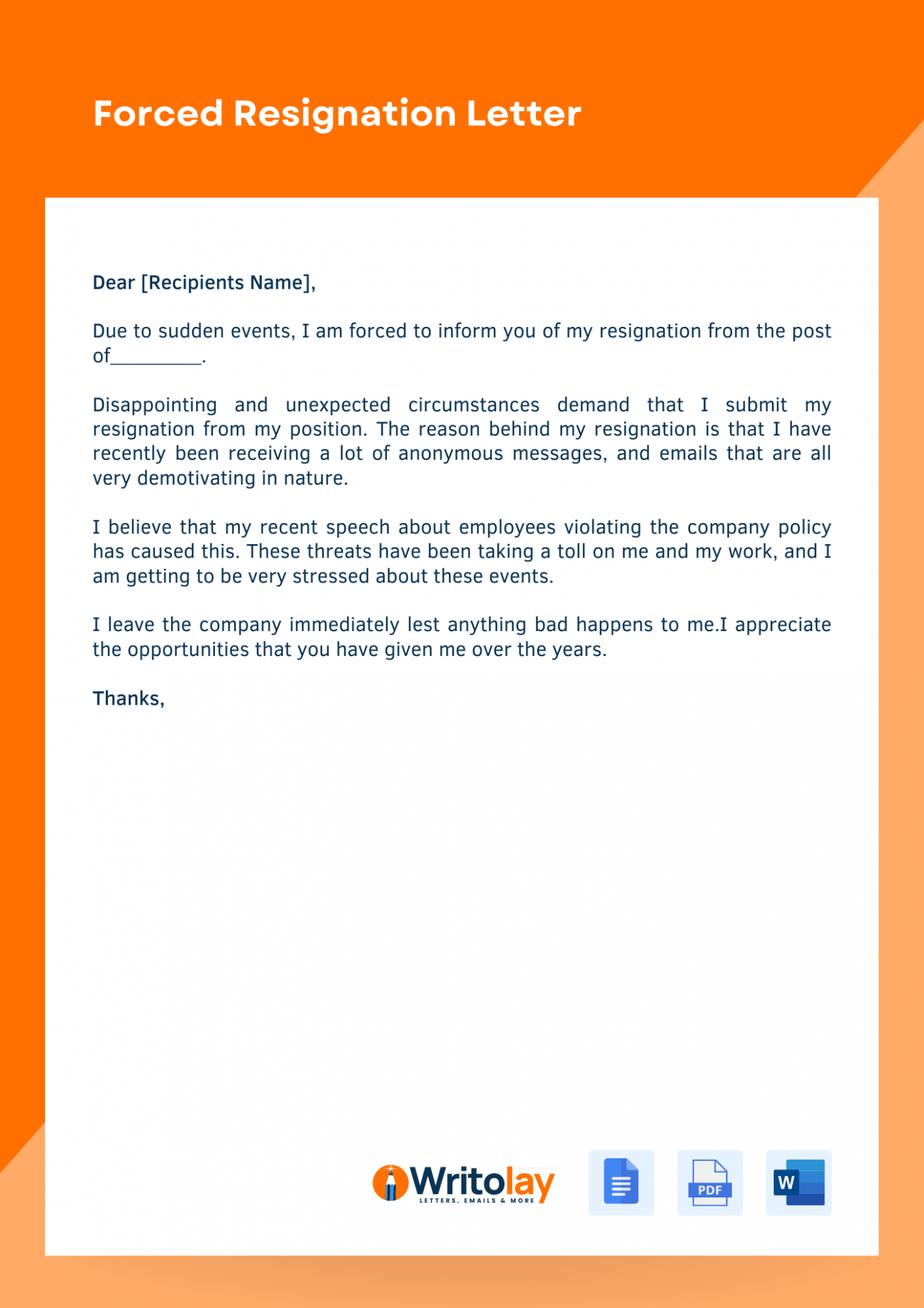 Forced Resignation Letter Template