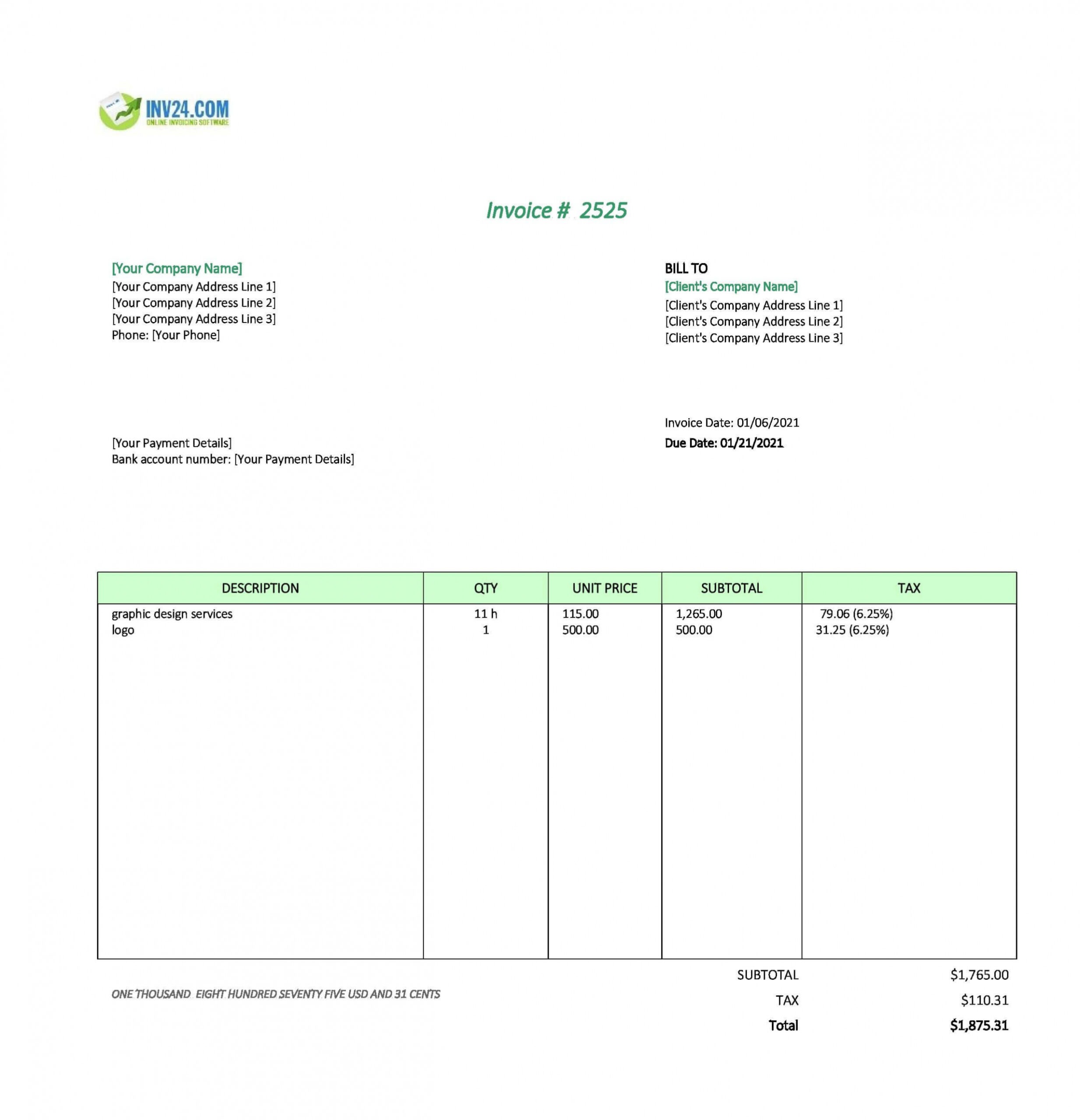 Printable Freelance Graphic Design Invoice Template Doc