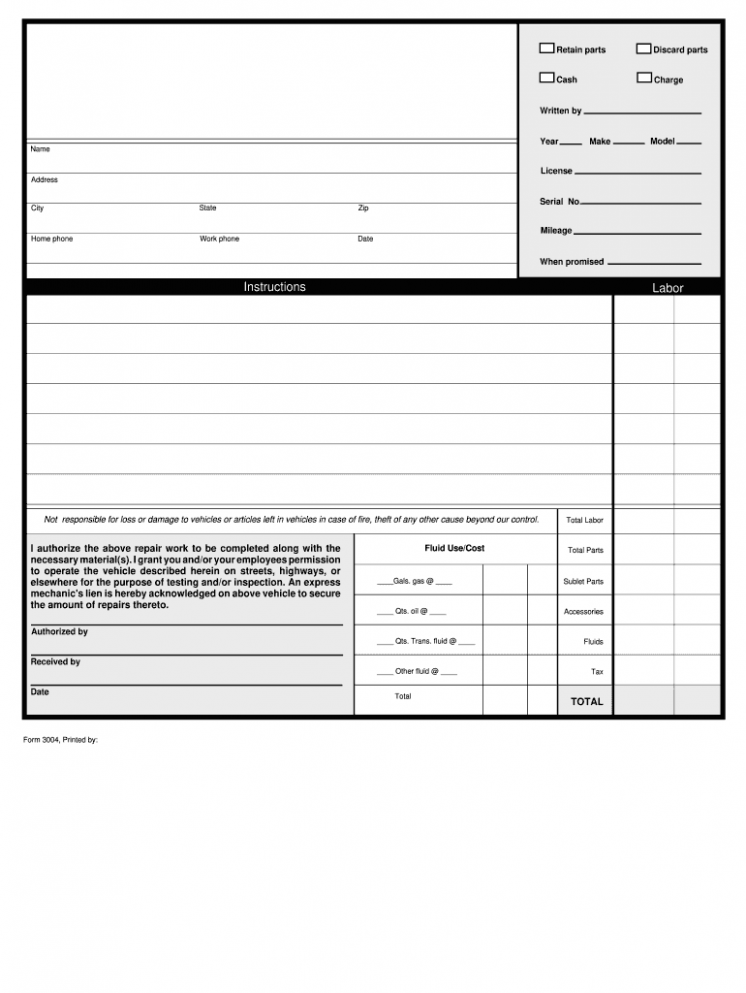 Printable Garage Work Order Template PDF