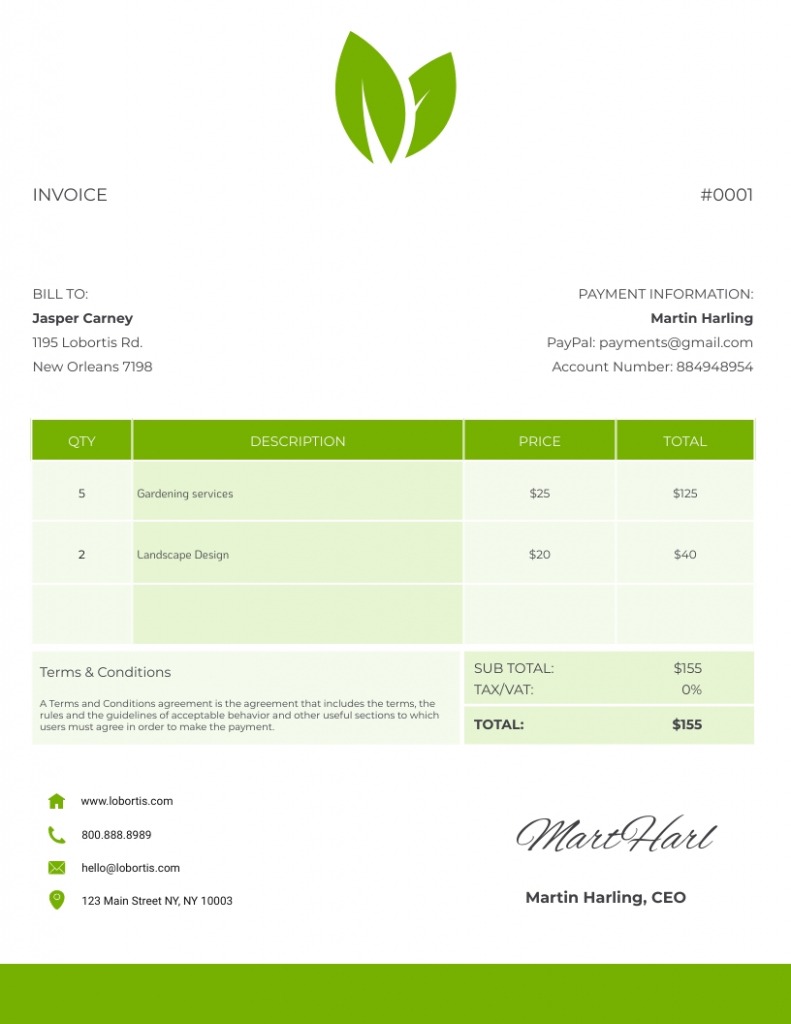 Sample Gardening Invoice Template PDF