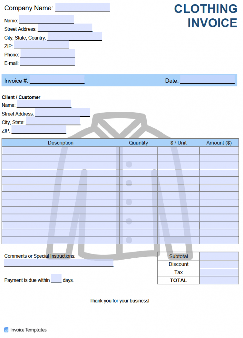 Printable Garments Invoice Template Printable Garments Invoice Template