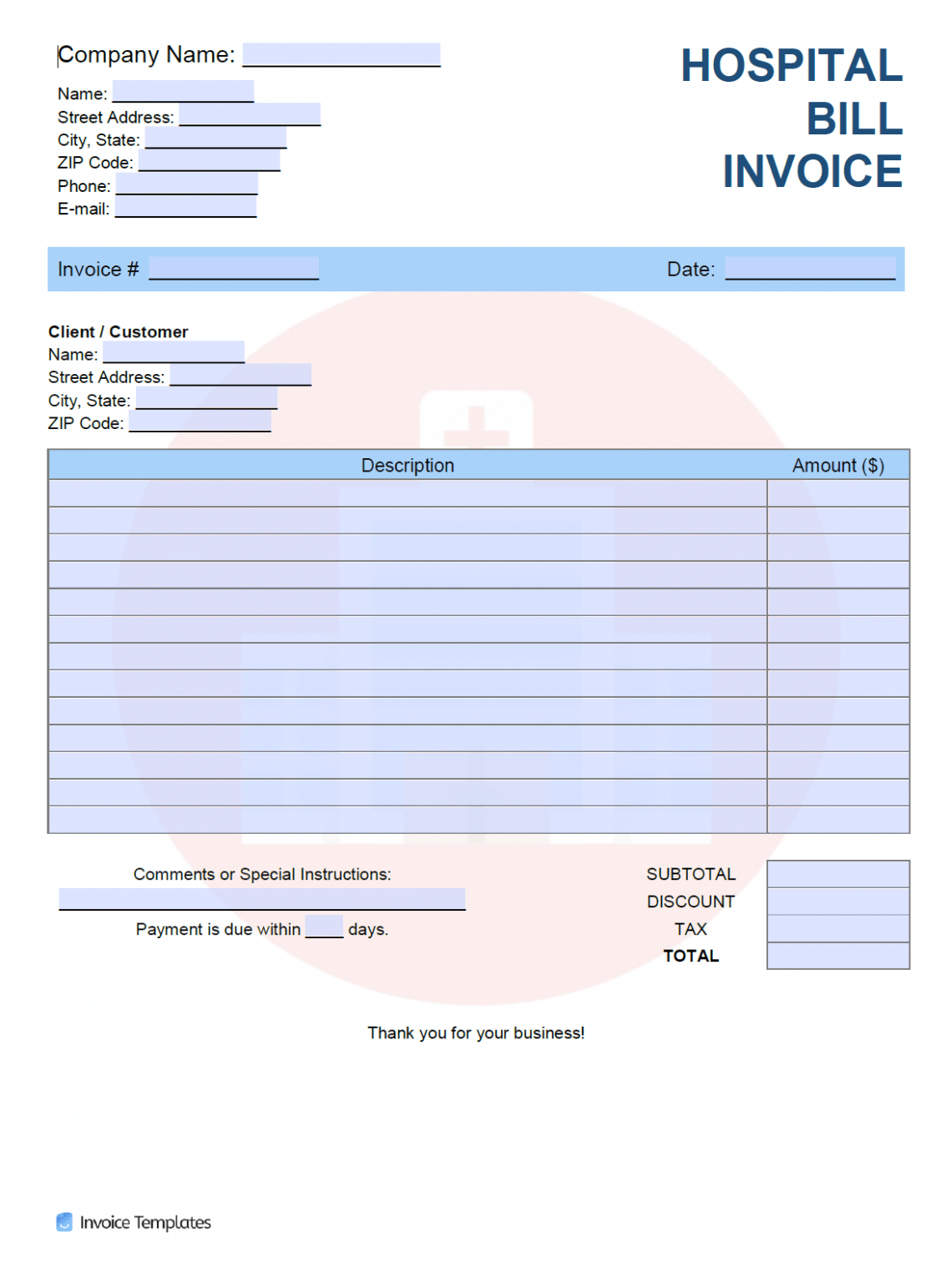 Editable Hospital Billing Invoice Template Excel