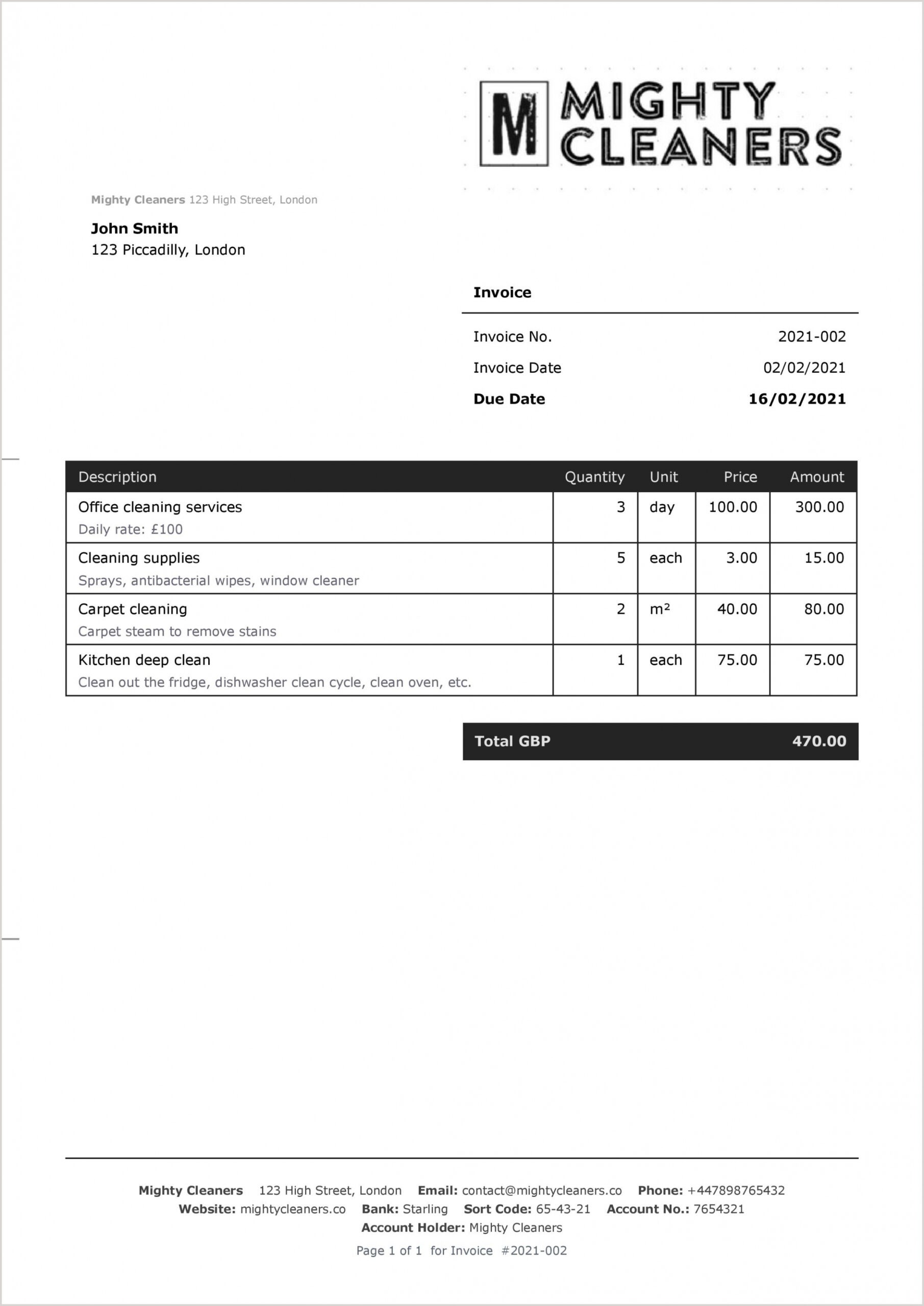 Sample House Cleaning Invoice Template PPT