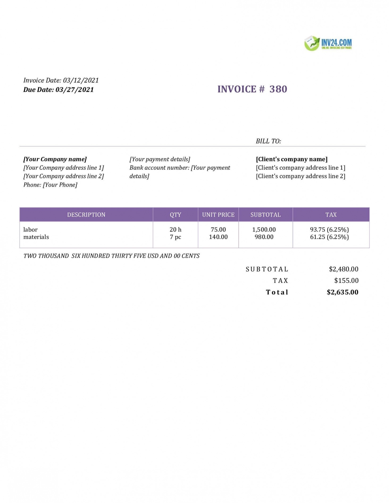 Printable Independent Contractor Billing Invoice Template PPT