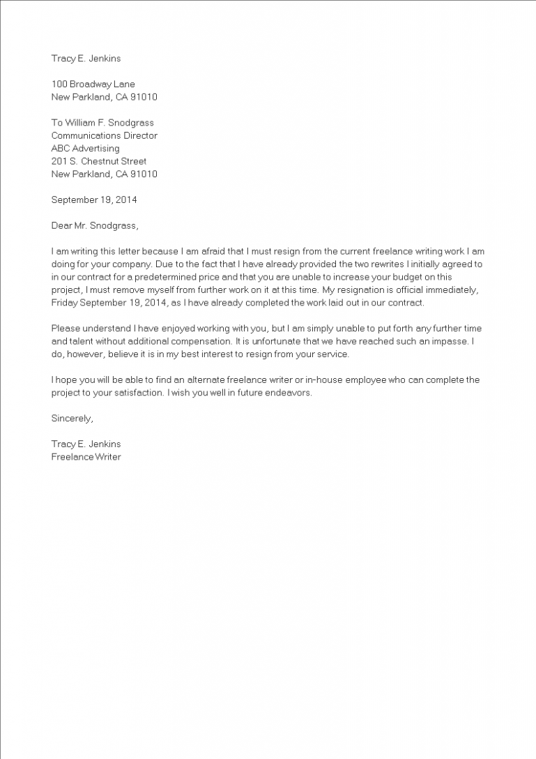 Editable Independent Contractor Resignation Letter Excel