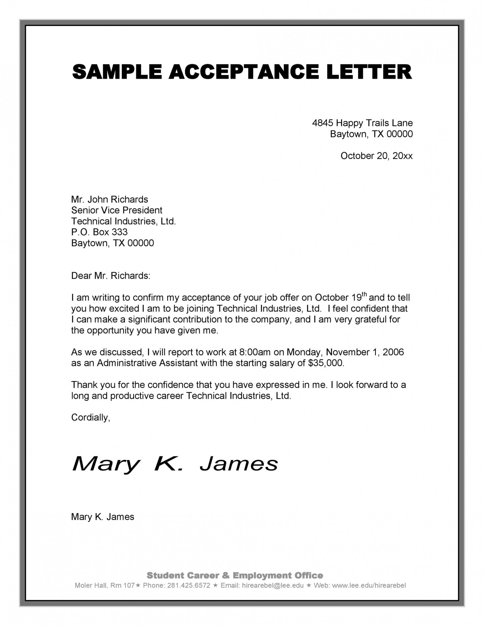 Printable Job Offer Acceptance Letter Template Doc