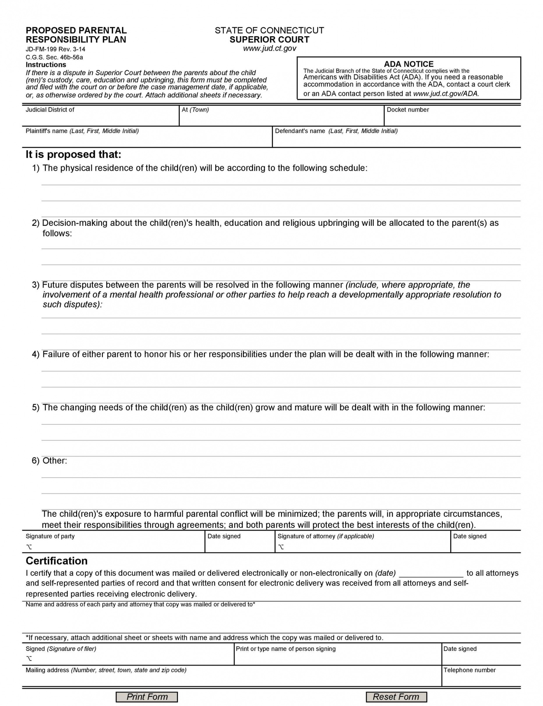 Printable Joint Custody Parenting Plan Template Doc