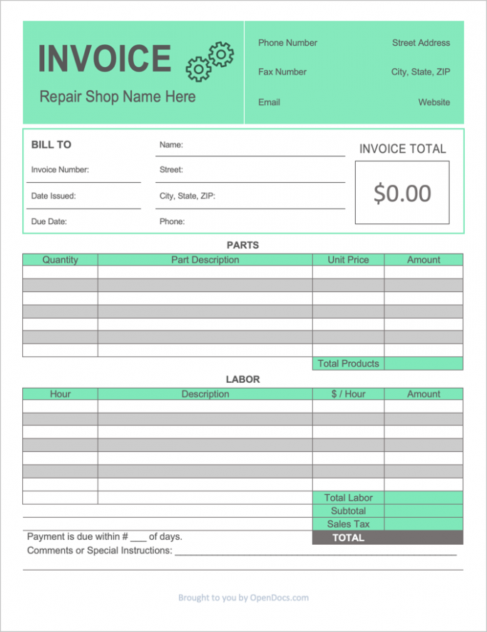 Printable Motor Vehicle Invoice Template Doc