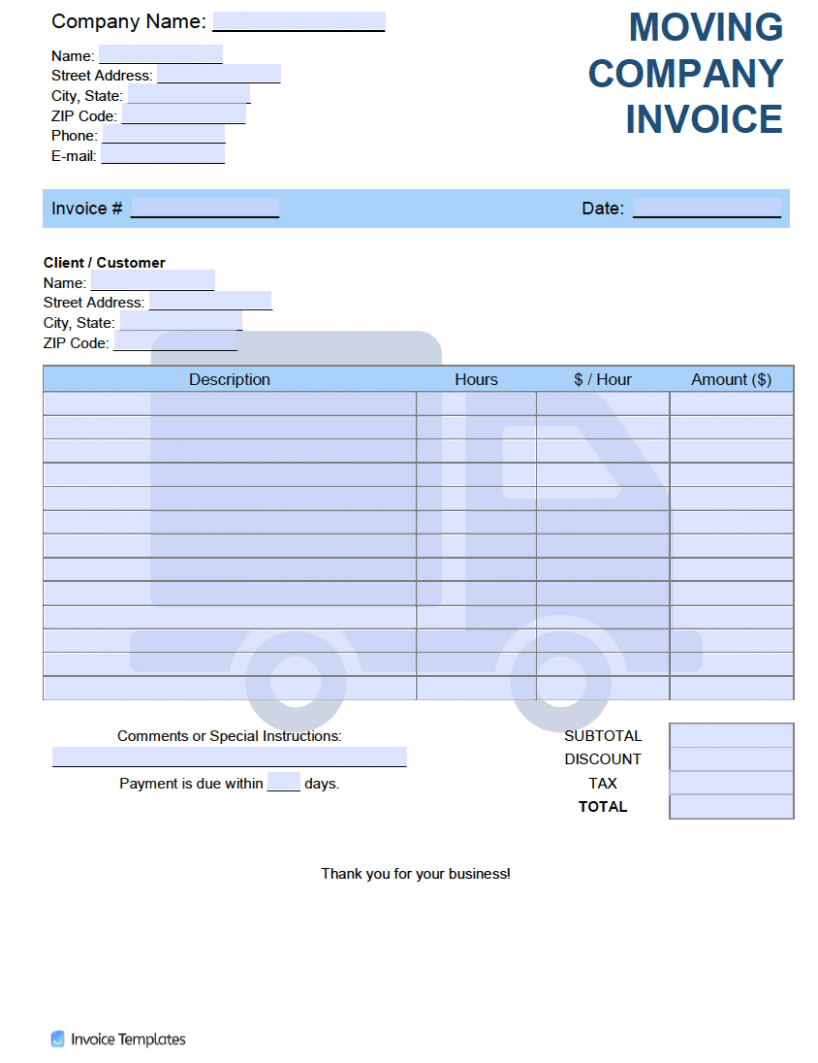 Printable Moving Company Invoice Template Docs