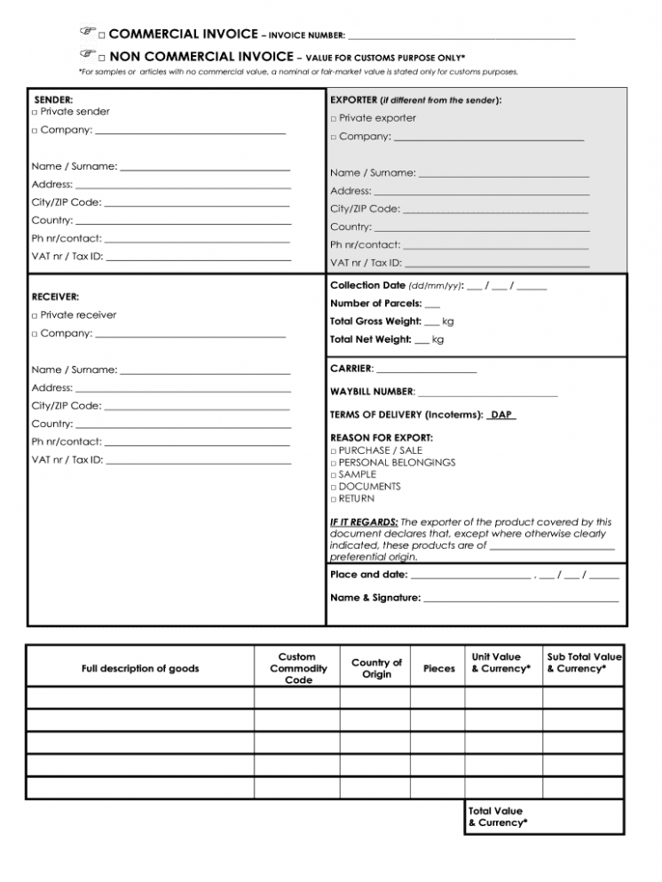 Printable Non Commercial Invoice Template PDF
