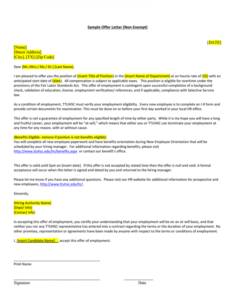 Editable Non Exempt Offer Letter Template Excel