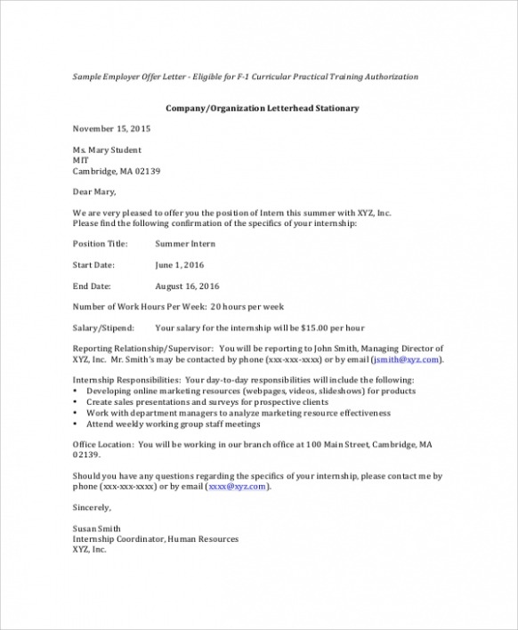 Printable Offer Letter For Internship Template Doc