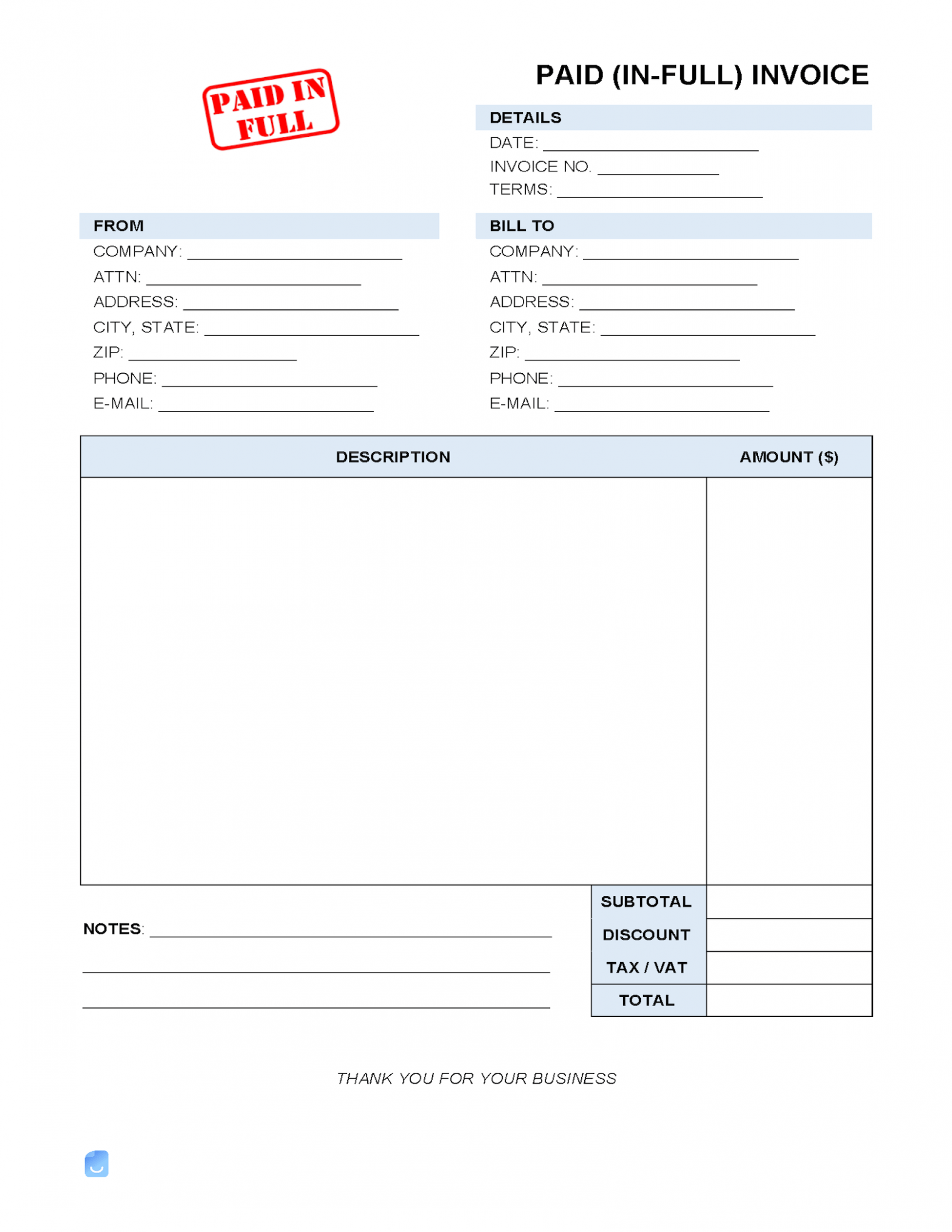 Printable Paid In Full Invoice Template Sample