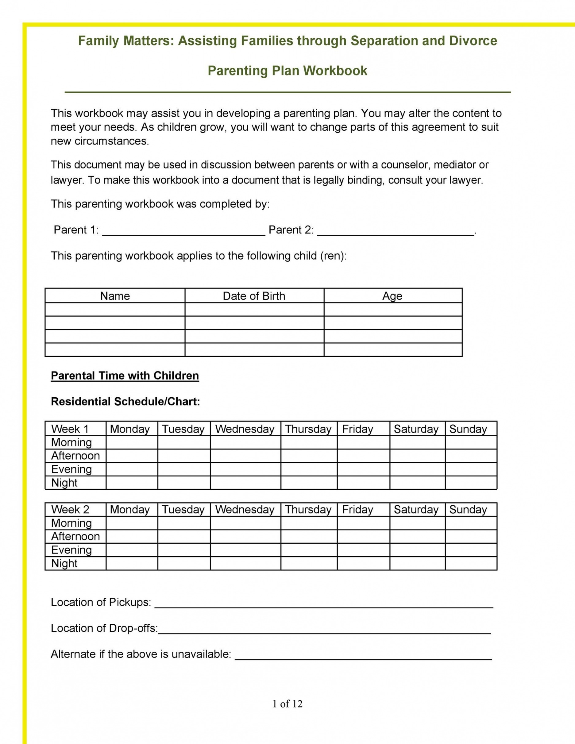  Parenting Plan Schedule Template PPT