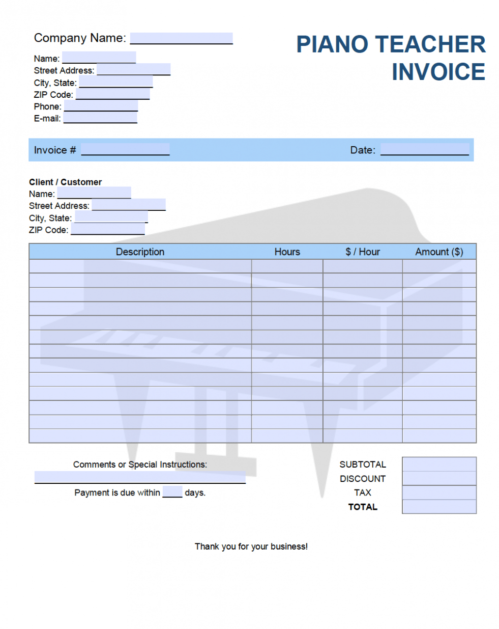 Editable Piano Teacher Invoice Template Docs