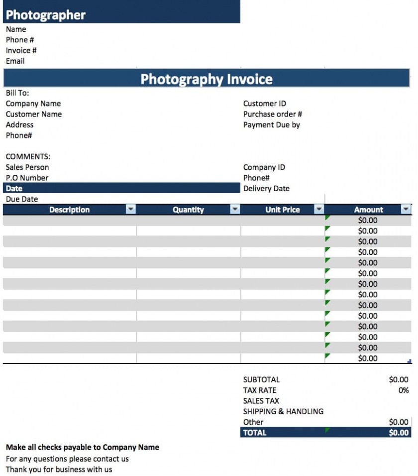 Printable Pography Billing Invoice Template Excel