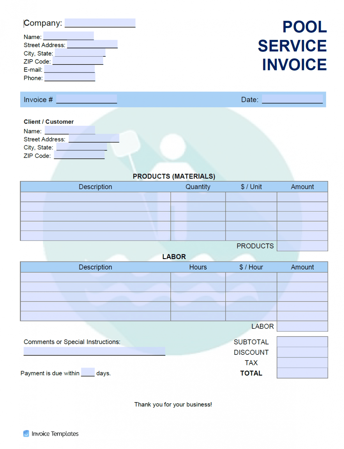 Editable Pool Service Invoice Template Doc