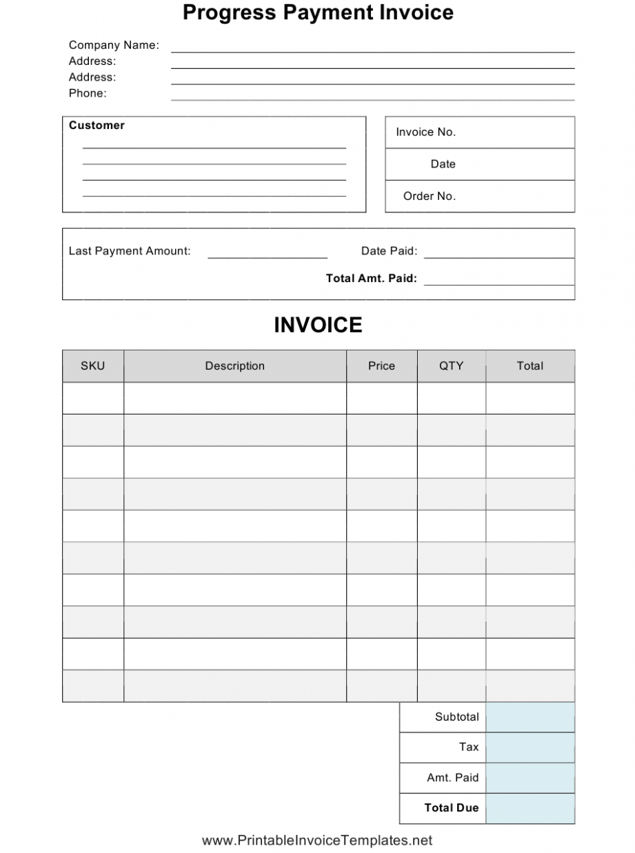 Printable Progress Invoice Template 