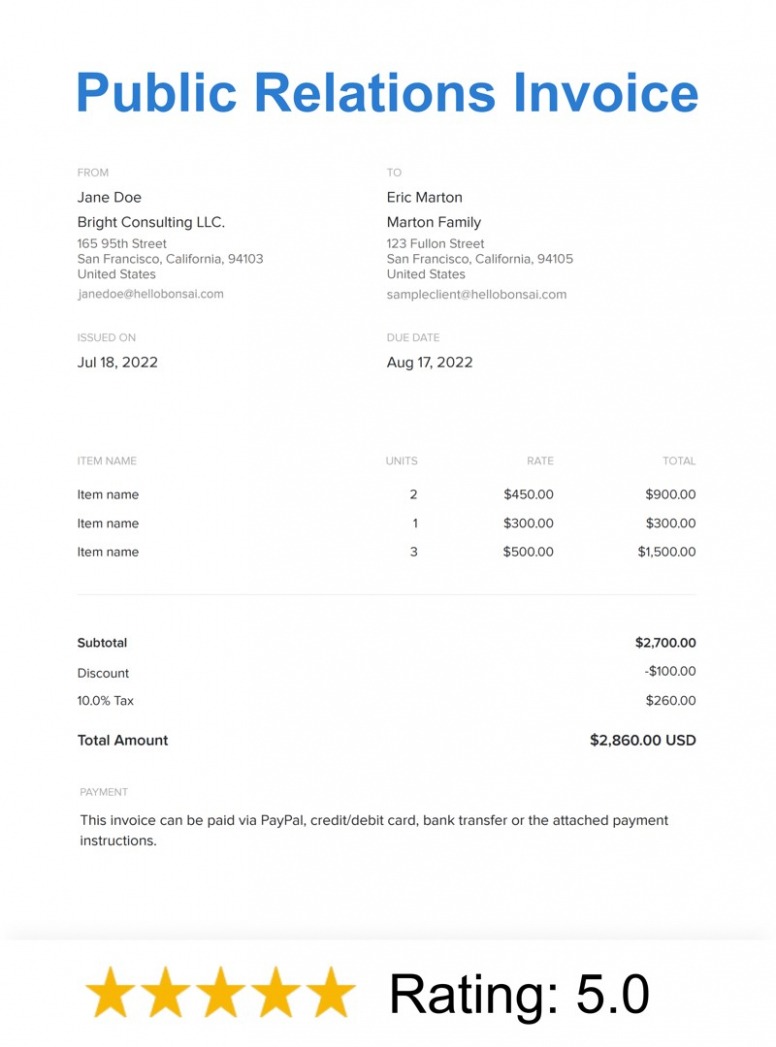 Sample Public Relations Invoice Template Docs