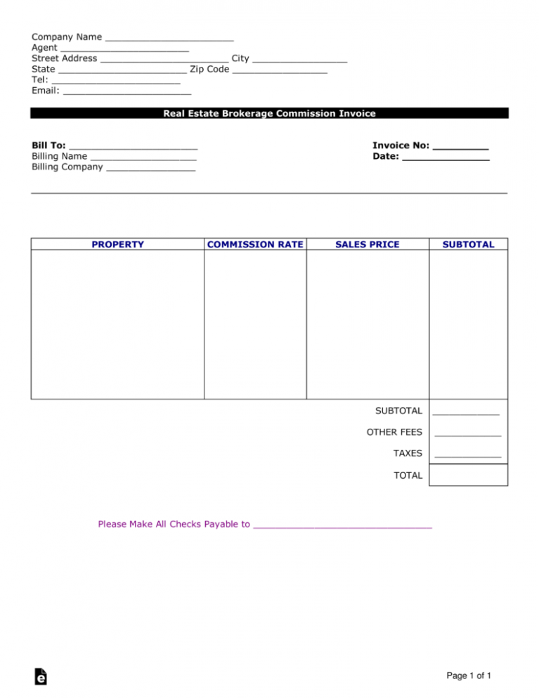 Sample Real Estate Commission Invoice Template Excel