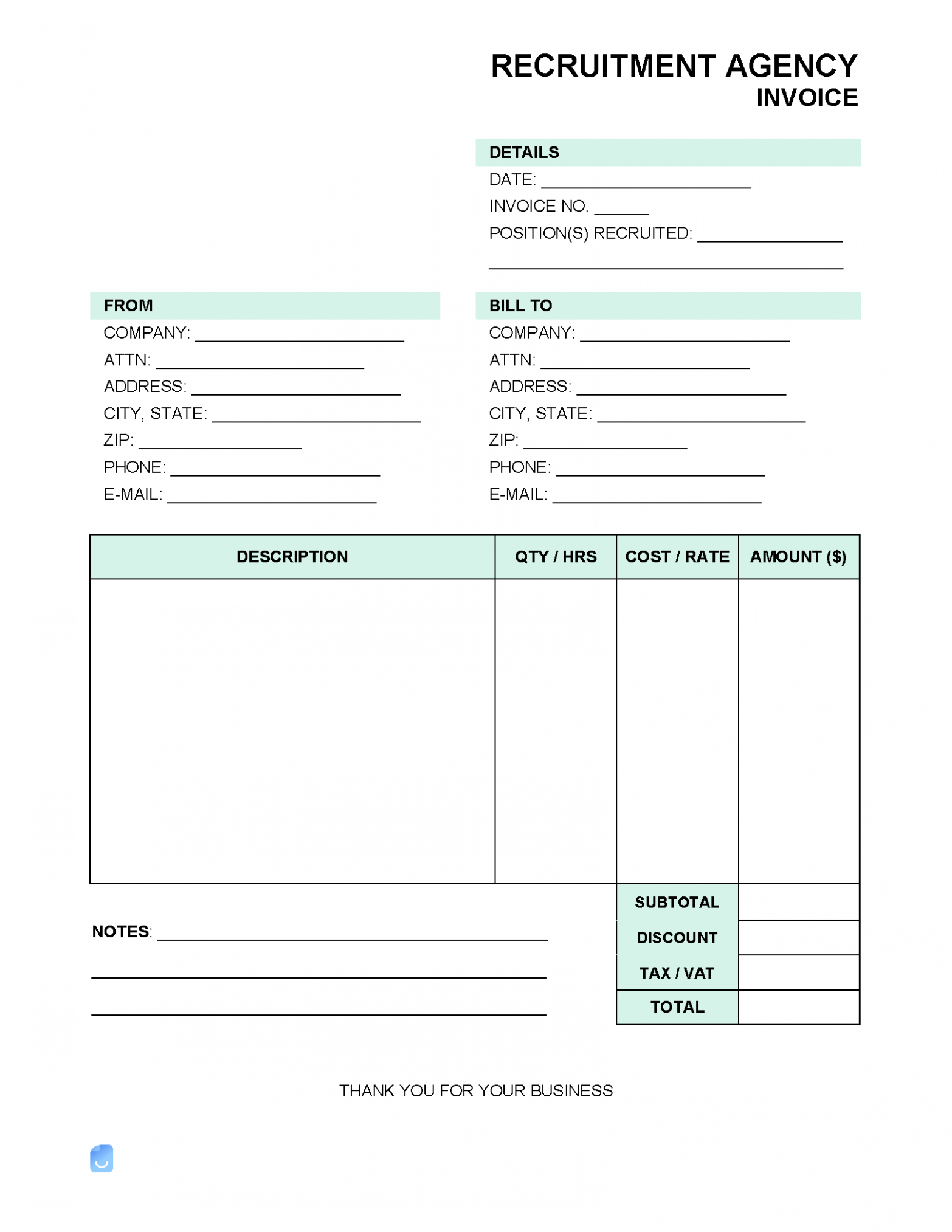 Printable Recruitment Agency Invoice Template 