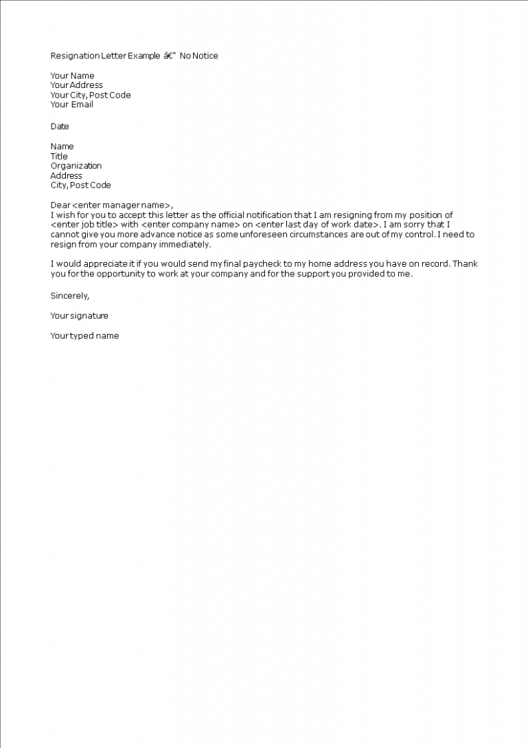 Editable Resignation Letter Without Notice Template Sample