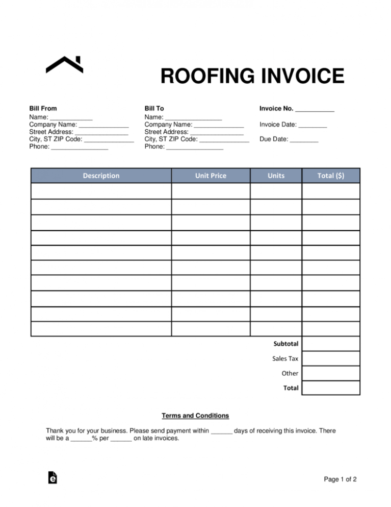 Printable Roofing Contractor Invoice Template Doc
