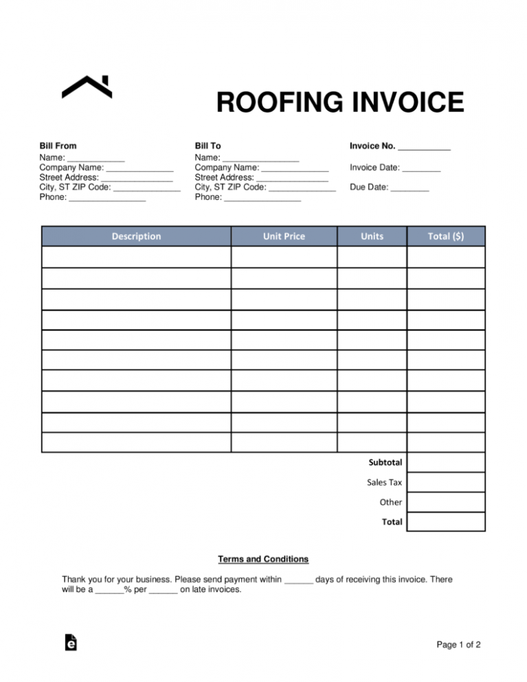Printable Roofing Contractor Invoice Template Doc Printable Roofing Contractor Invoice Template Doc